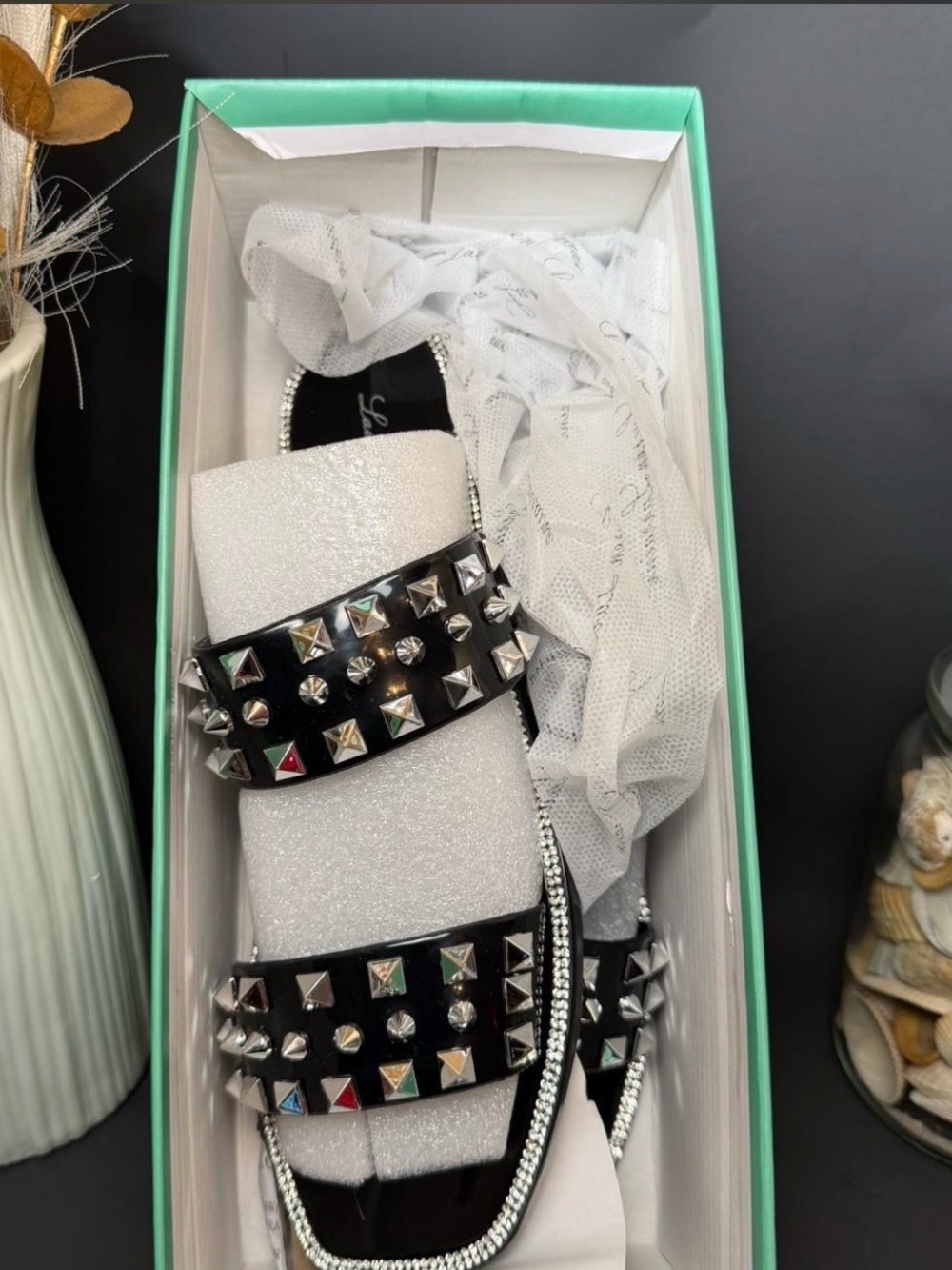 Women's Black Studded Slide Sandals with Rhinestone Trim